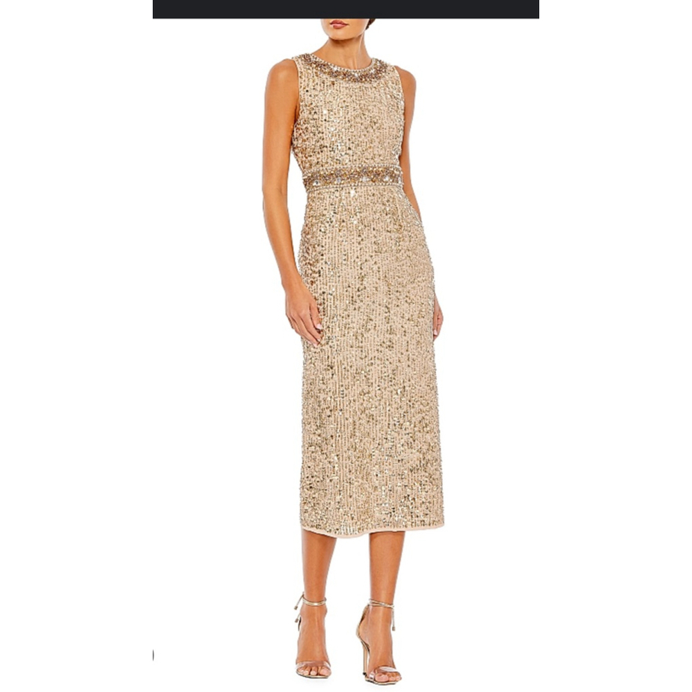 Women's Mac Duggal Gold Sequin Embellished Midi Dress Size 6